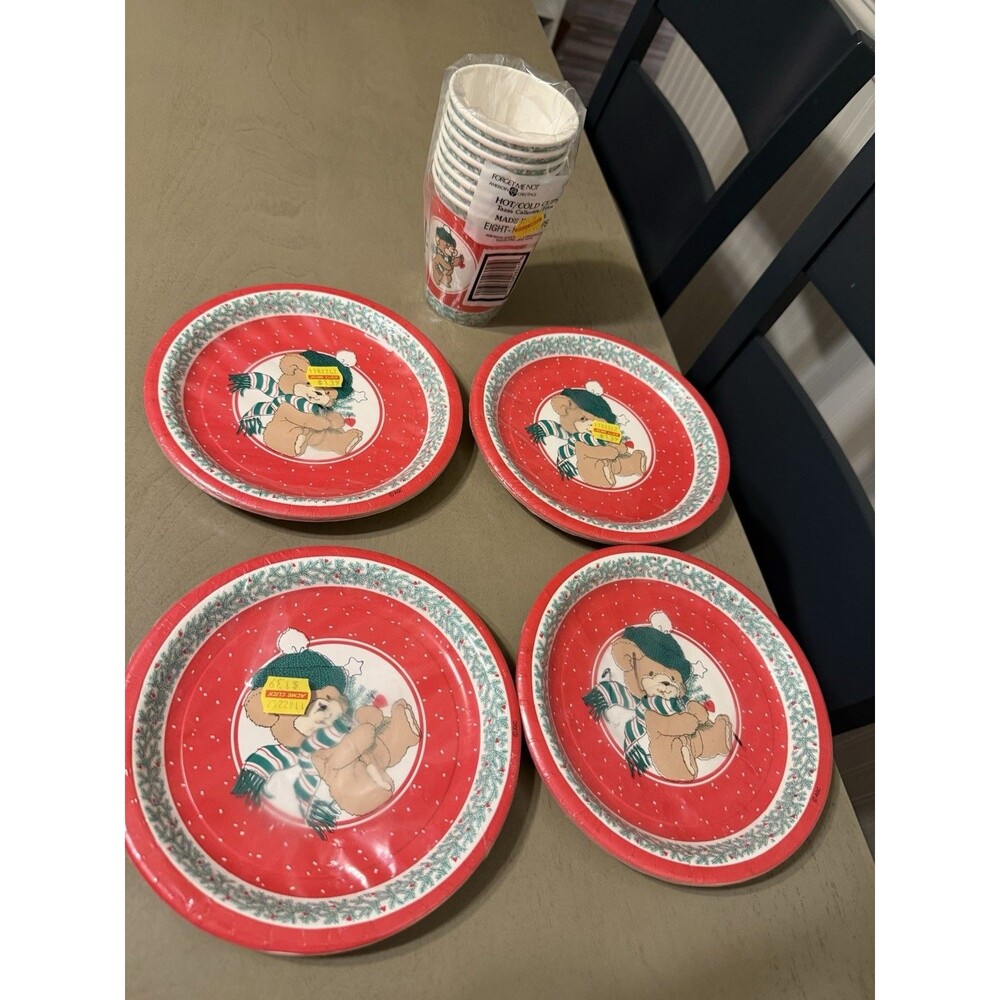 American Greetings Forget Me Not Christmas Bear Plates And Cups Vintage
